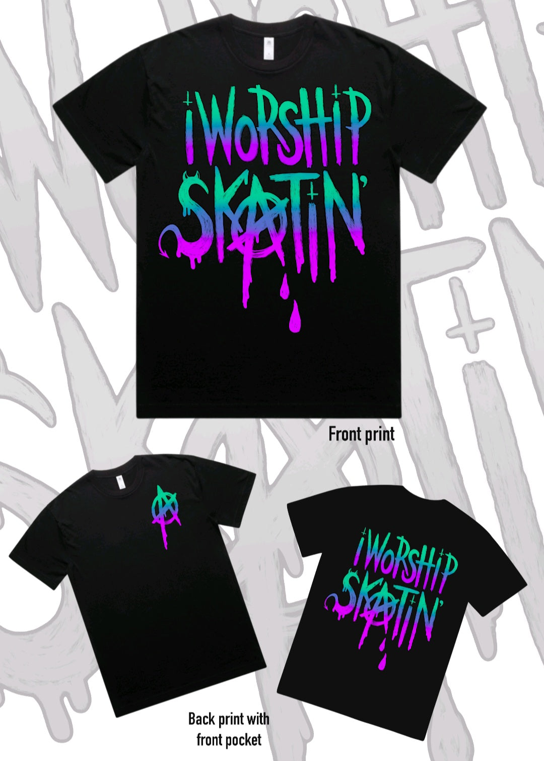 I Worship Skatin Teal/Purple Anarchy Tee
