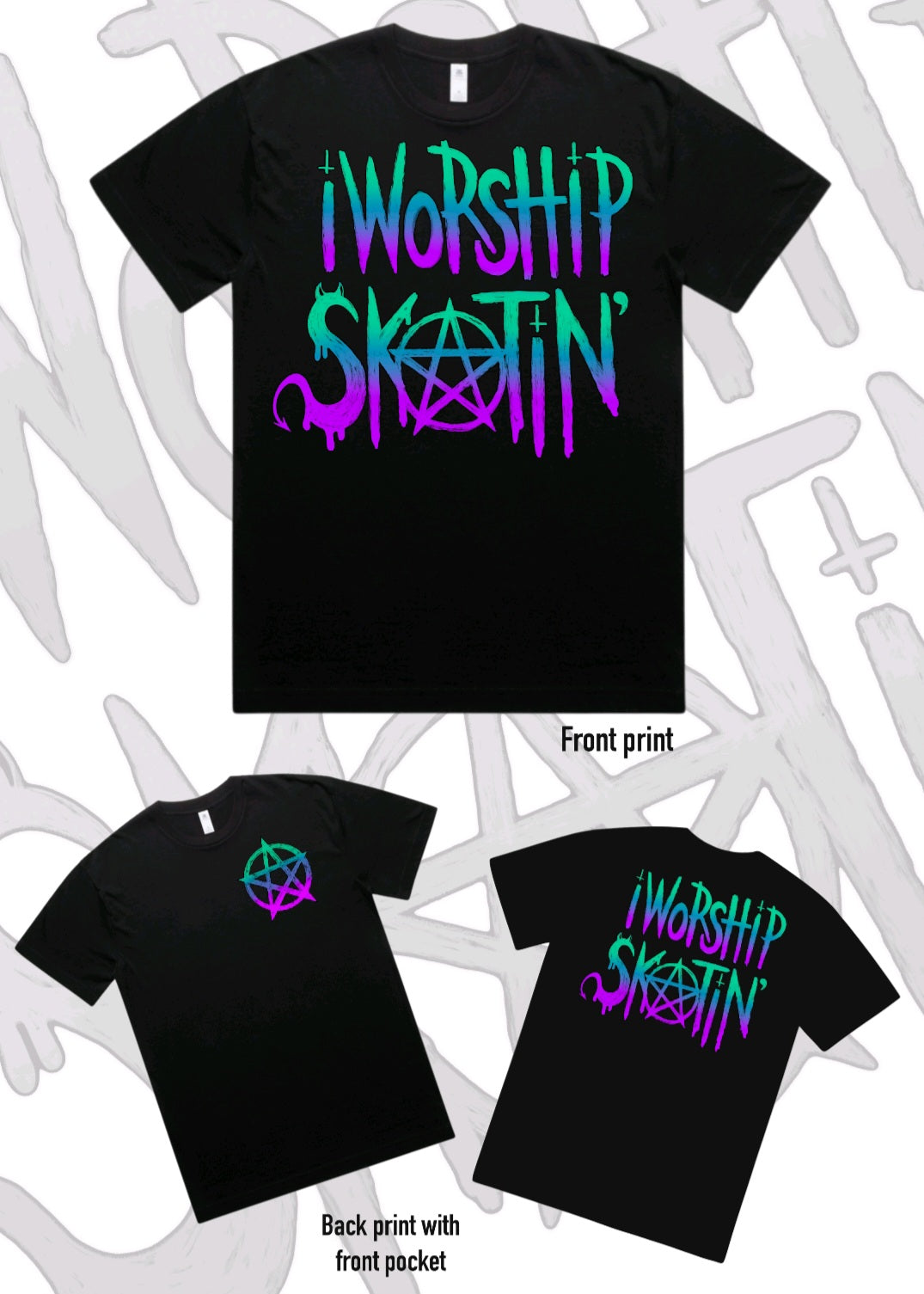 I Worship Skatin Teal/Purple Pentagram Tee